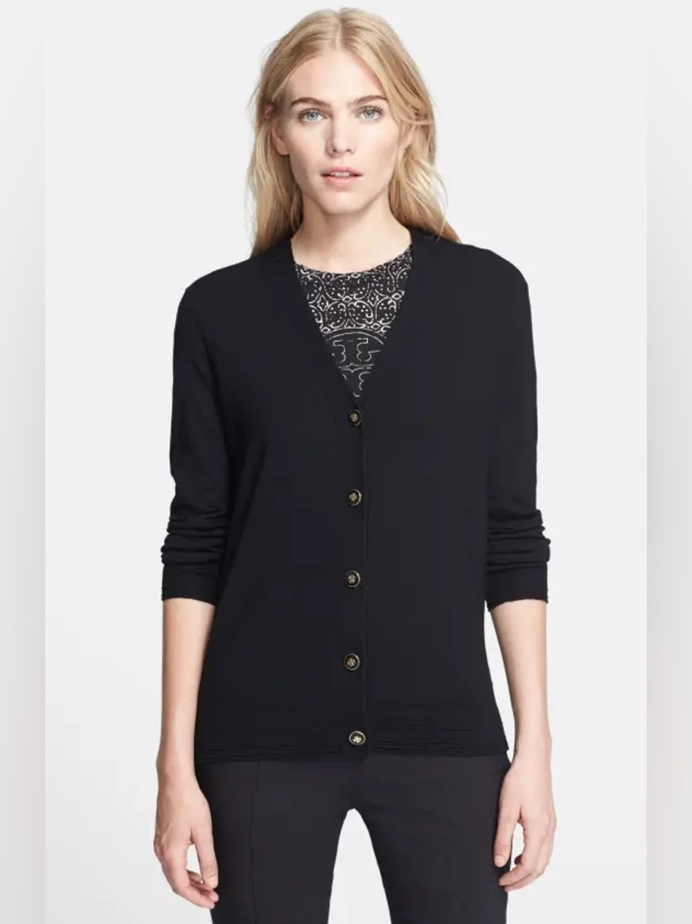 Tory Burch Simone Cardigan Sweater Black with Gold Logo Buttons